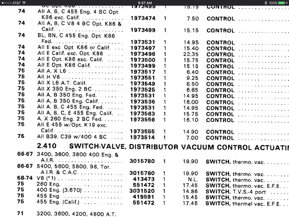GM#1973497 1974 OLDSMOBILE TORONADO NOS ASPIRADORA ADVANCE TODO E CARROCERÍA 455 EXC K86 Foto 4 de 4