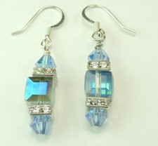 Blue Crystal Cubes with Rhinestone Rhondelles Earrings Handmade Jewelry
