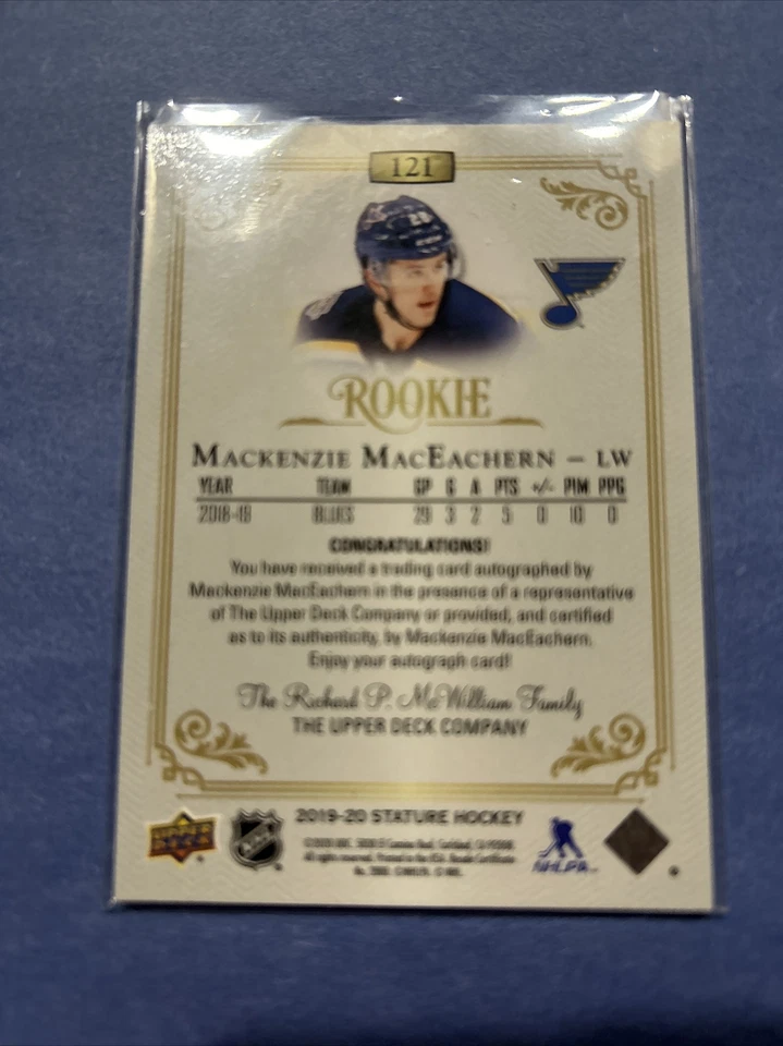 Mackenzie MacEachern 2019-20 Upper Deck Stature Rookie Auto RC Green # /85 Blues - Image 2 of 2