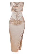 PLT Champagne Satin Cowl Lace Up Corset Midaxi Dress Size 14 Thigh Split RRP £36