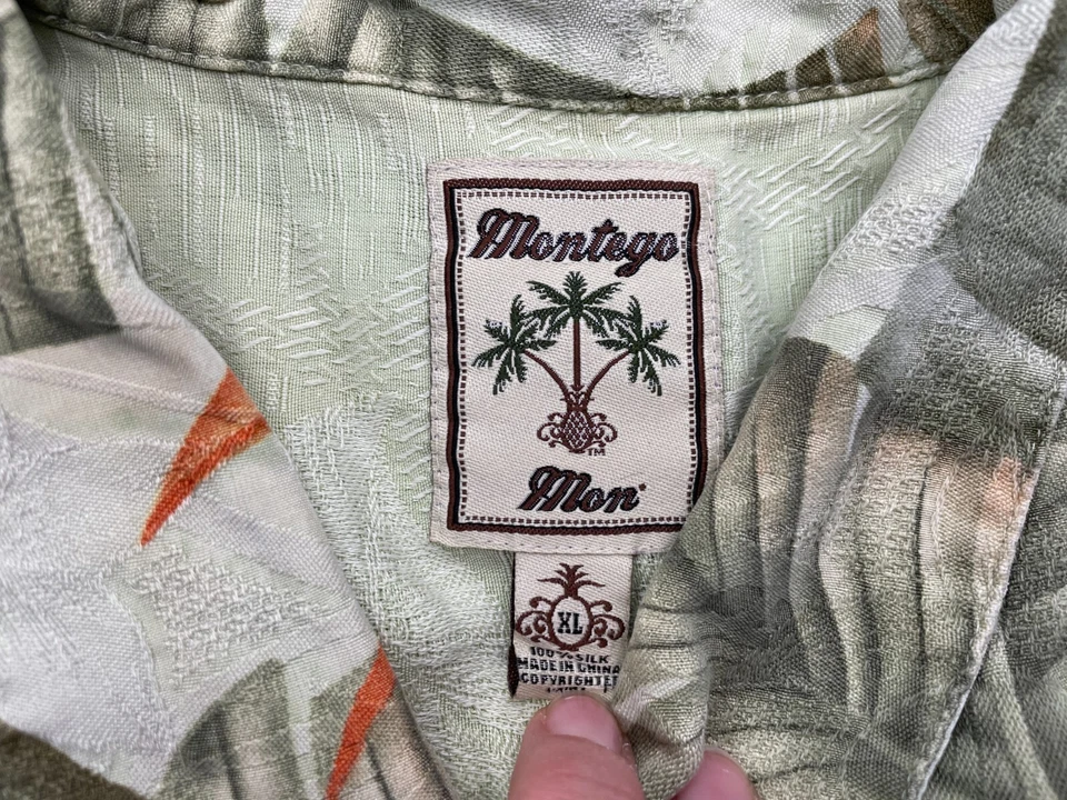 Montego Mon Mens XL 100% Silk Green Floral Button Up Shirt Short Sleeve - Image 2 of 4