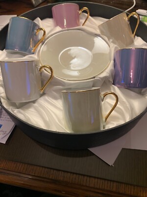 Expresso Demitesse Coffee Set of 6 pearly luster colors gold trim by I GODINGER 
