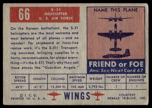 1952 Topps Wings #66 S-51 Helicopter US Air Force VG-VGEX wrinkle - Picture 2 of 2