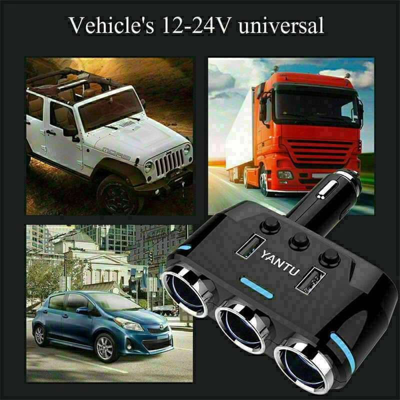 Power Adapter 3Way Cigarette Lighter Socket Splitter DC 12V Dual USB Car Charger - Image 4 of 4