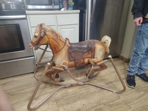 Wonder Horse Vintage Brown Spring Rocking Horse Toy on Metal Frame w/ Saddle
