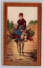Domestic Sewing Machine Woman Rides Donkey Vegetable Basket Trade Card P487