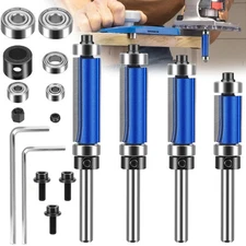 4x Flush Trim Router Bit Set 1/4" Shank Top & Bottom Bearing Carbide 3/4"-1-1/2"
