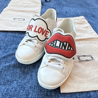 Gucci Ace Blind For Love Women's Sneakers White Leather Logo Patch Striped