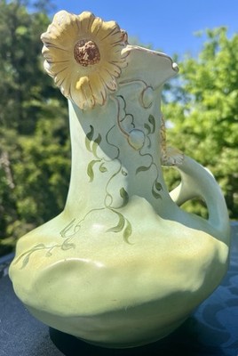 Vtg Amphora Style Art Pottery Daisy Floral Green & Yellow Vase w/ Handle