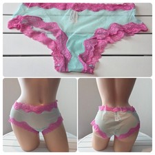 Victorias Secret Tease Cheekini Panty Semi Sheer Aqua Blue Pink 8/XL NWT