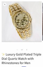 Gold Plated Triple Dial Quartz Wristwatch with Rhinestones Roman Numerals