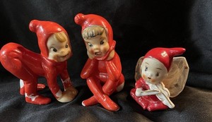 3 Vintage Red Pixie Elf Elves Porcelain Figurine Christmas Violin Playing