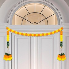 Diwali Marigold Garland with Bells Leaves for Home Decoration, Long Strands f...