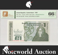 Ireland Republic £1 1989 P 70d Missing Print Error UNC TQG 66 GEPQ W/ Holder NR