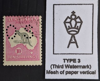 1917 Australia 10/ Grey&Dp Anln Pink Kangaroo stamp 3rd WMK OS perf CTO Gum$200