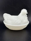 Vintage Hazel Atlas Opalescent White Milk Glass Hen On Nest Covered Dish