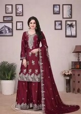 Women Embroidered Kurti Set With Thread Wrok And Sharara Dupatta Set. Size S To