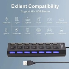 7 Port USB 2.0 Hub Splitter Adapter High Speed For PC Laptop Mac Desktop