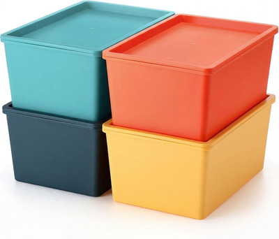 Colorful Large Storage Bins with Lid - 4 Pack Stackable Organizers 10.6x7.5x4.7