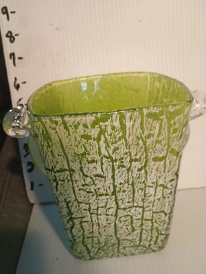 Mid Century Lime Green Art Glass Ice Bucket with White Splash Texture