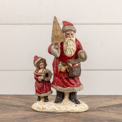 RAGON HOUSE Primitive Red & Glitter Santa Claus w/Child, Bag, Tree 11 In