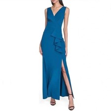 Eliza J Dress Size 6 Laguna Ruffle Mermaid Gown Peacock Blue Sleeveless V Neck