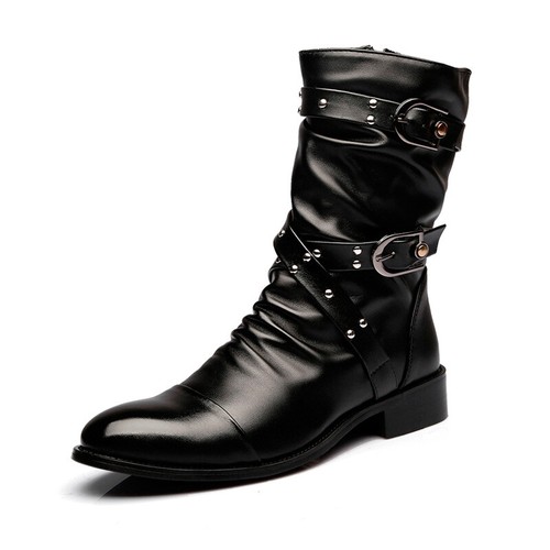 Scarpe stivali moto uomo moda pelle PU borchie fibbia cinturini pile - Foto 5 di 9