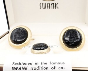 Vintage Swank Black Intaglio Gold tone Cufflink & Tie Pin Set Original Box Nice!
