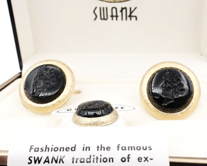 Vintage Swank Black Intaglio Gold tone Cufflink & Tie Pin Set Original Box Nice!