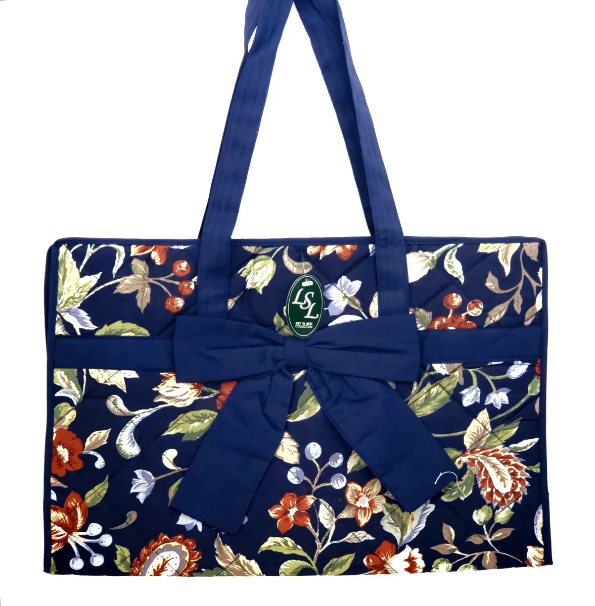 LSL Blue & Multicolored Floral Lined Large Rectangle Purse Hand Tote Travel Bag
