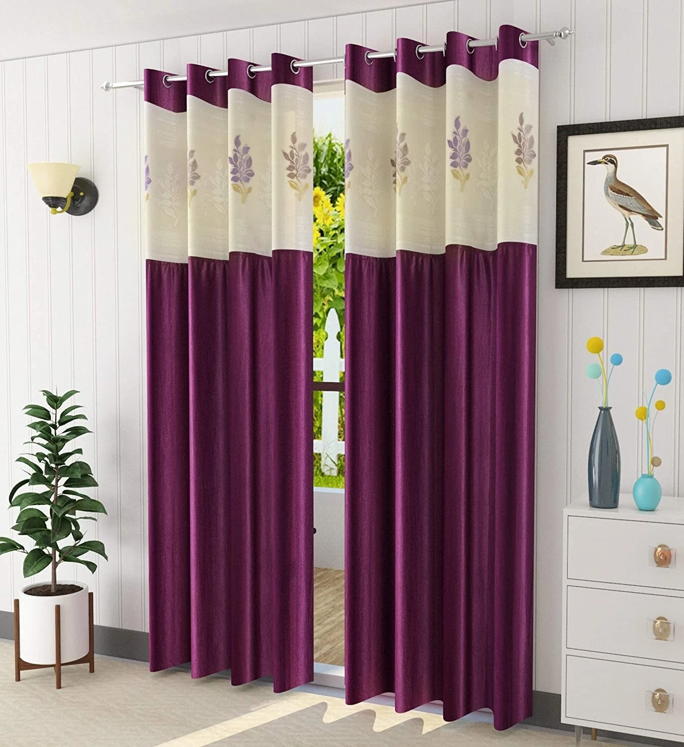 2 Piece Premium Door Curtain Set with Floral Net 7ft Wine