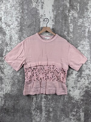 IRO Top EU 38 Womens Pink Lace Trim Short Sleeve Satin Detail