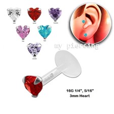 1pc. 16G Bio Flex Push-In .925 Sterlig Silver Prong Set Heart CZ Labret 6mm 8mm