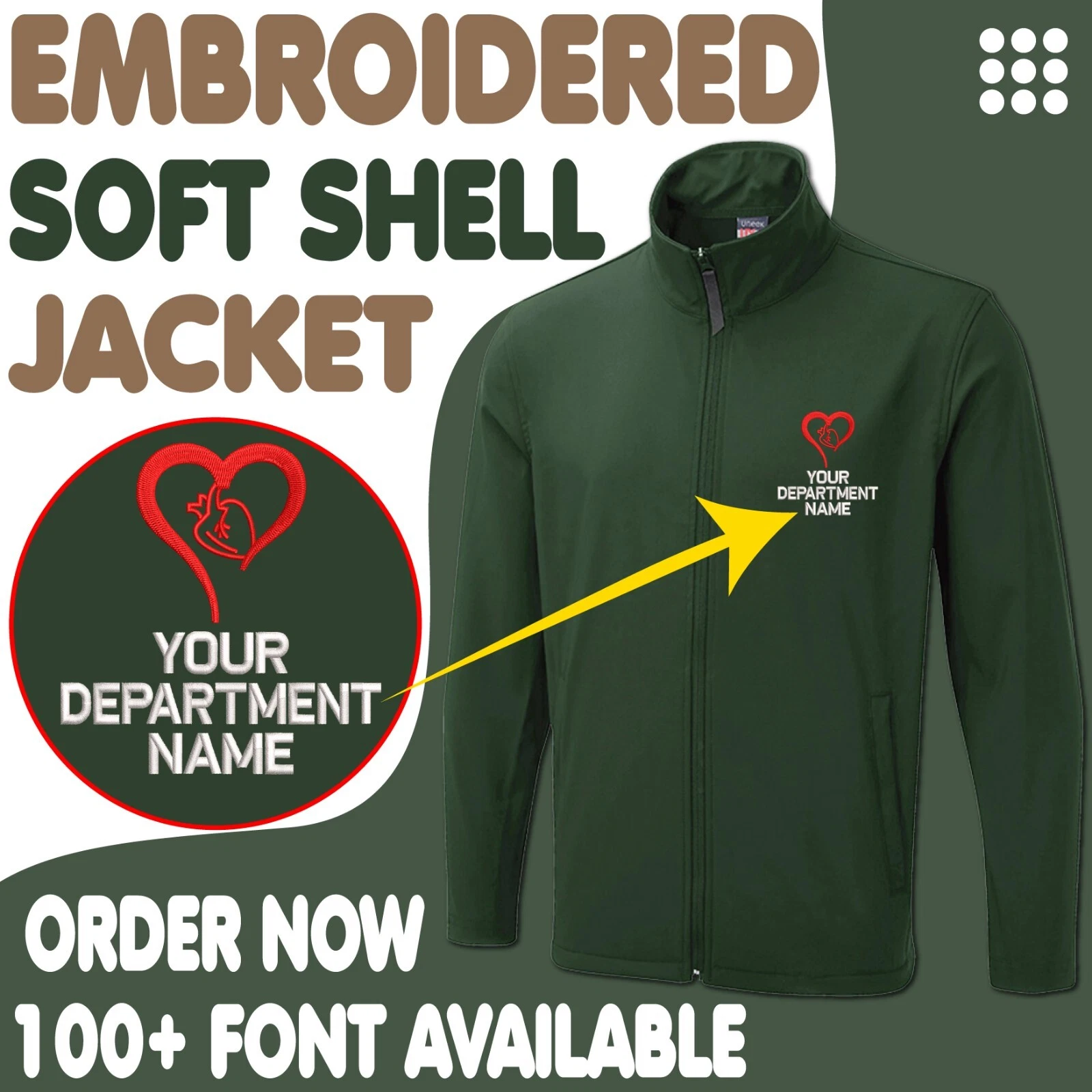Personalised Embroidered Soft Shell Jacket Heart Your Department Name Doctor
