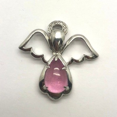 Sterling Silber 925 Cabochon Birne Rosa Saphir Diamant Pave Engelsflügel Anhänger