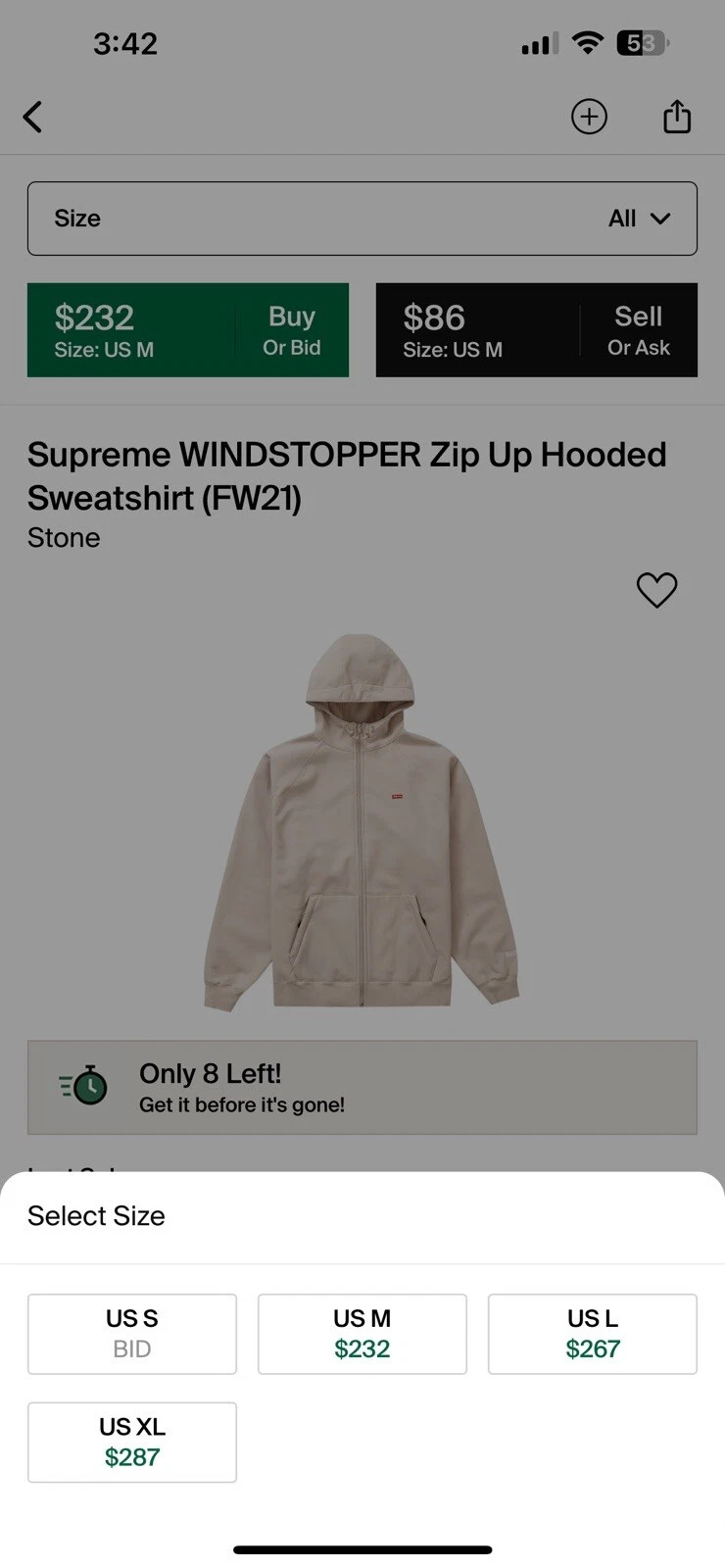 Sweat à capuche zippé Supreme WINDSTOPPER (FW21) Stone