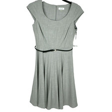 Calvin Klein Women's Dress Size 6 Gray Belted Lined Cap Sleeves Knee Length