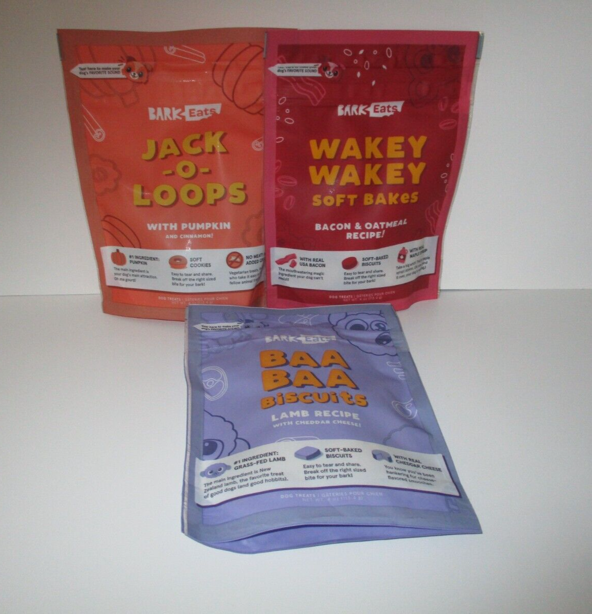Lot of 3 Bark Box Dog Treats Baa Baa Biscuits Wakey Bacon Oatmeal Jack