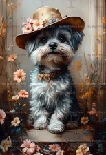 SHIH TZU IN A STRAW HAT ART PRINT, Floral Pet Portrait, Dog Poster, Puppy E162