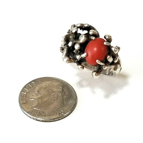 Brutalist Sterling Silver Red Coral Ring 925 Modernist Signed MT Size 6 Vintage - Picture 11 of 11