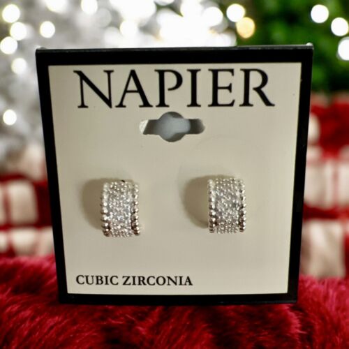 Napier 7/16" Silver Tone/Cubic Zirconia Huggie Post Back Earrings-NWT
