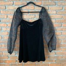 Forever 21 Womens Large Dress Black Velvet Mini Sheer Organza Puff Sleeves Party