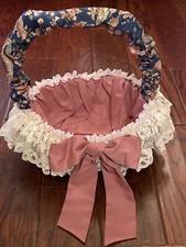 Fabric Covered Basket w/Handle Blue Floral Mauve Pink w Cream Lace Trim 13 Tall
