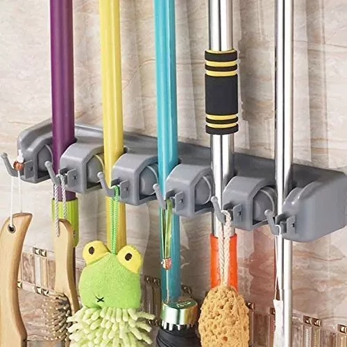 U.S. Solid Mop and Broom Holder, Wall Mounted, 4 Slots & 4 Hooks