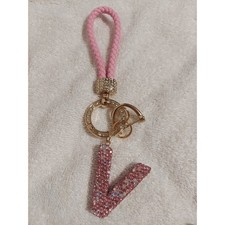 Pink Rhinestone Letter V Keychain, Purse Charm, Initial Bag Accessory