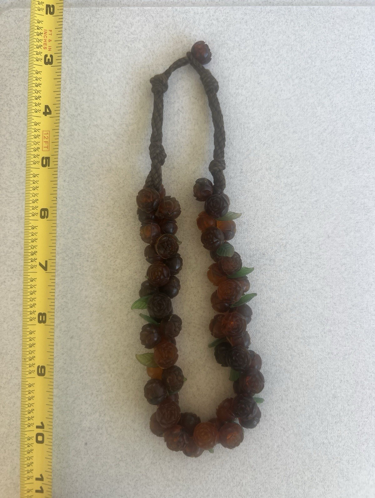 Brown Carved Floral Wood Bead Necklace Green Leaf Accents Rope Tie 17 in