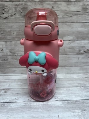 Sanrio My Melody Pink Clear Water Bottle 520ml Straw Push Button Lid Strap NEW