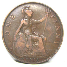 1918 KN One Penny Coin George V British - Good Grade #312