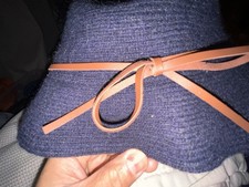 Nation Trust Navy Blue Woven Bucket Hat Ribbed Knit  Cap Tan Faux Leather Bow