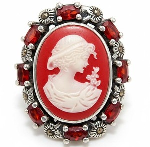 Swiss Marcasite Italian Cameo White Lady 925 Sterling Silver Ring Sz 7 PC13-8